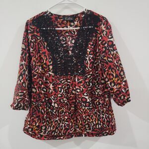 Theresa Renz Womens Linen Top Size Small Leopard Print Colorful Lace 3/4 Sleeve